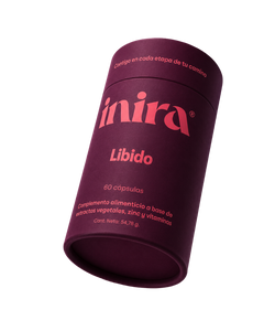 Render del bote de Inira Libido en posición inclinada sobre fondo blanco, vista frontal