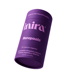 Render del bote de Inira Menopausia inclinado con etiqueta visible sobre fondo blanco