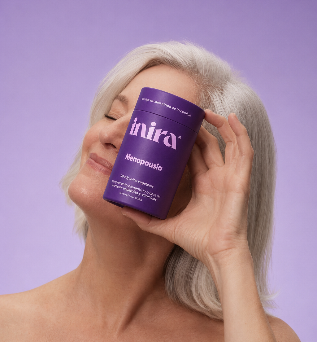 Mujer de cabello blanco sosteniendo bote Inira Menopausia junto a su rostro sobre fondo lila