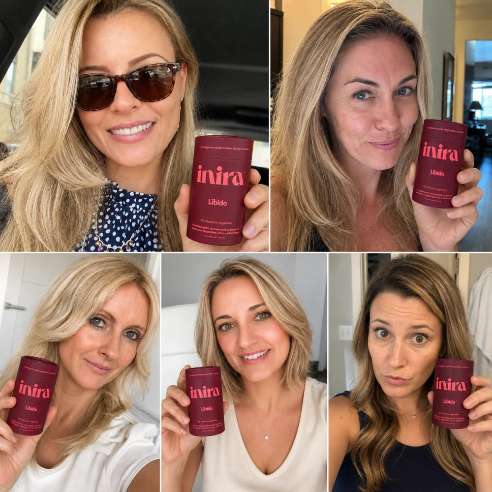 Collage de cinco mujeres sosteniendo Inira Libido
