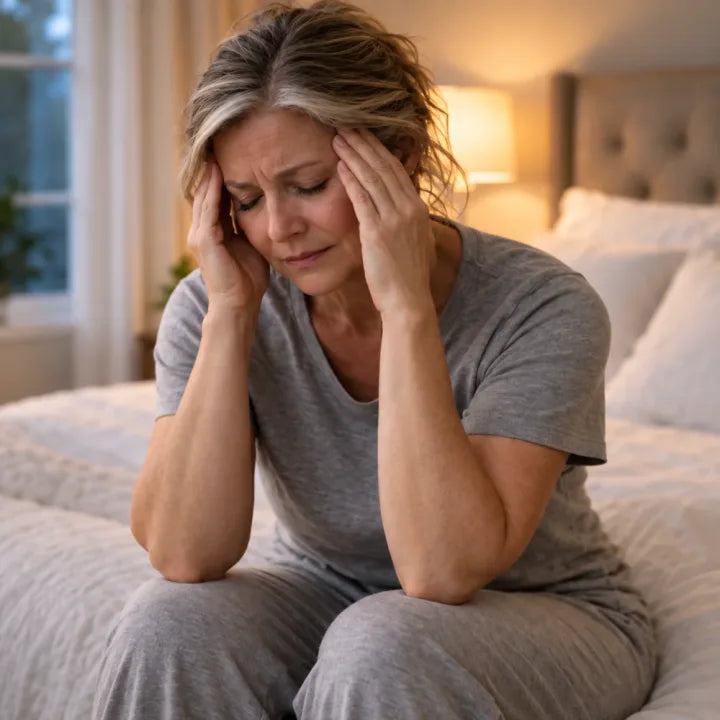 Mujer atravesando cansancio y estrés durante la menopausia